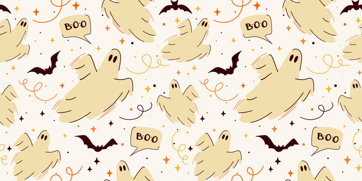 Cute Flying Ghost Boo Seamless Vector Pattern