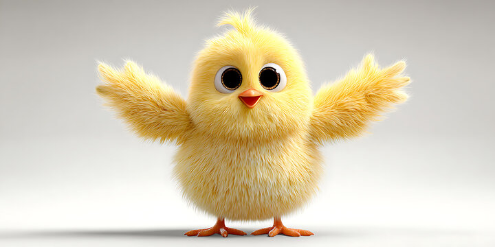 Fluffy yellow chick with large eyes and open wings a three dimensional rendering
