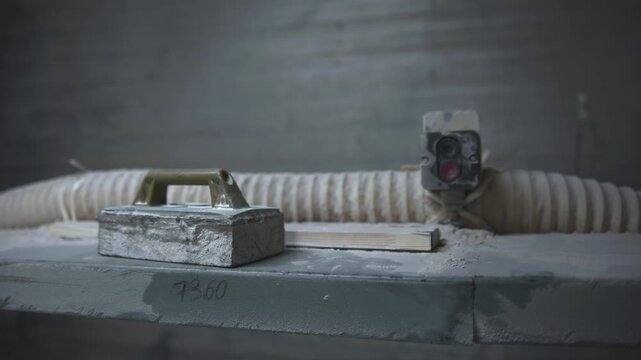 Plaster float resting on dusty workshop bench beside corrugated extraction hose, weathered switch box, painted wood slats, and gritty construction surfaces in muted industrial light
