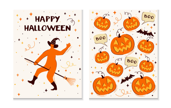 Playful Halloween Witch and Pumpkin Poster Vector