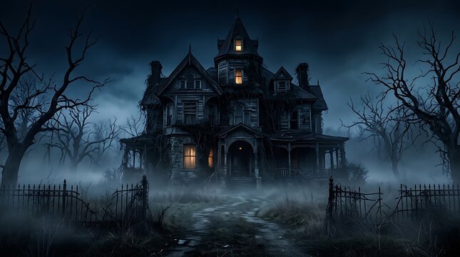 Eerie haunted mansion at night with foggy atmosphere and bare trees