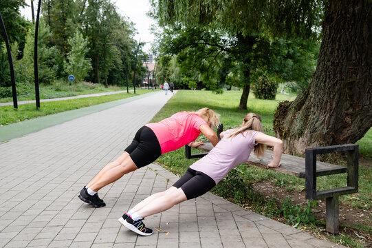 Two women doing push-ups on a bench in a park during a sunny day