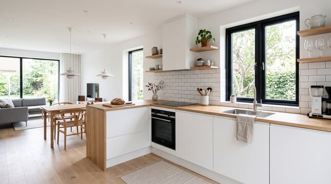 Bright modern open concept residential kitchen interior with white cabinets light wooden countertops subway tile backsplash and connected dining room area featuring natural light from large windows