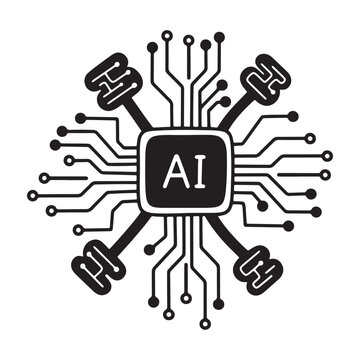 Black and white of a central computer chip with circuit board lines extending outward, isolated on a white background