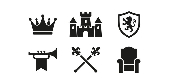 Royal Icon Set: Crown, Castle, Shield, Trumpet, Scepter, Throne - Black and White Vector Graphics