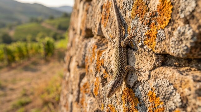 common wall lizard (podarcis muralis) clinging to a stone wall