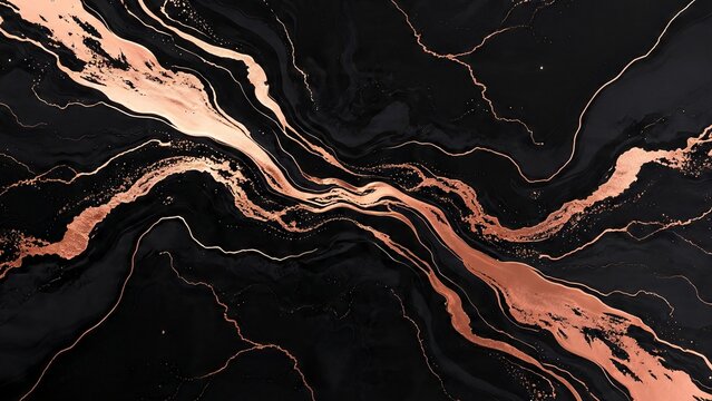 abstract black marble texture background with shimmering rose gold and copper metallic veins