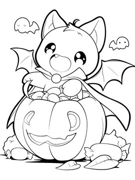 Cute baby vampire bat character sitting in a pumpkin with candies, Halloween coloring page for kids