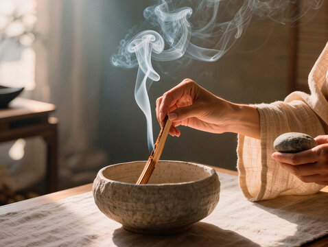 Person Burning Palo Santo Stick for Cleansing Ritual in Home. AI generated