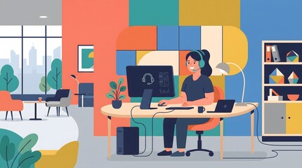 Fototapeta premium Business Office Worker Sitting at Desk with Laptop and Plants Concept Illustration Featuring Computer, Screen, Chair with Plant
