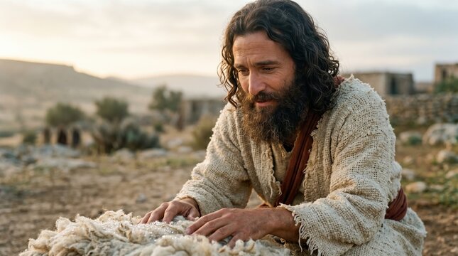 Gideon testing God with the wet wool fleece. Biblical scene of divine sign and faith. Holy Bible story illustration