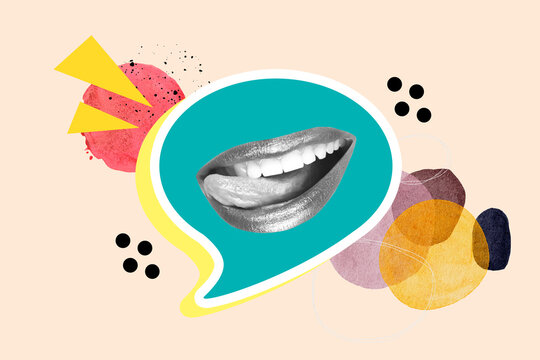 Collage de un boca abierta con la lengua afuera sobre un burbuja de chat junto a elementos geometricos sobre un fondo beige. Vista de frente y de cerca. Copy space