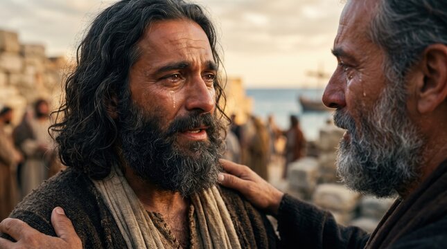 Apostle Paul farewell to Ephesian elders. Emotional biblical scene of two men crying at a harbor. New testament story