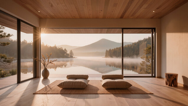 Serene Room with Floor Cushions Overlooking Misty Lake at Sunrise. AI generated
