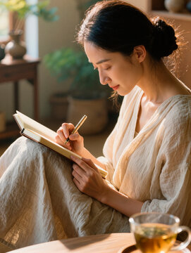 Woman Writing in Journal on Rug in Sunlit Room. AI generated.
