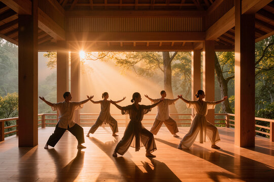 People Practicing Tai Chi in Wooden Pavilion in Forest. AI  generated