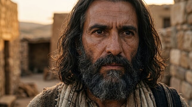 Portrait of the biblical prophet Malachi in an ancient village. Close up of a serious middle aged man with a graying beard at sunset