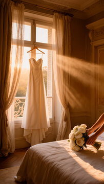 Wedding Dress Hanging by Window and Bridal Bouquet on Bed. AI generated