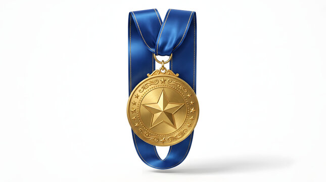 Golden Star Medal with Blue Ribbon: A prestigious golden medal, adorned with a prominent star emblem and suspended from a vibrant blue ribbon, symbolizes achievement and recognition.