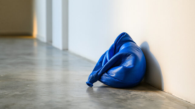 Deflated blue balloon on bright concrete floor beside clean white wall in minimalist studio, symbolizing burnout, energy and exhaustion