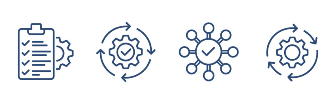 Workflow Icons: A set of minimalist blue line icons representing business processes, including a checklist with gears, cyclical gears with checkmarks, a hub and spoke network.