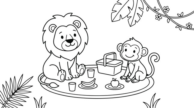 Cute lion and monkey having a picnic in the jungle, coloring page for kids