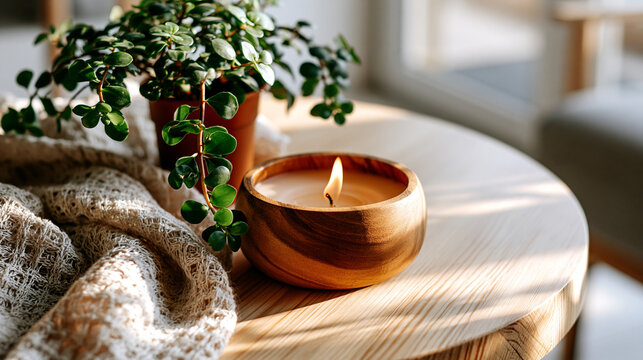 Lit candle on bright wooden table beside small potted plant in soft natural daylight, minimalist wellness calm concept for mental health awareness