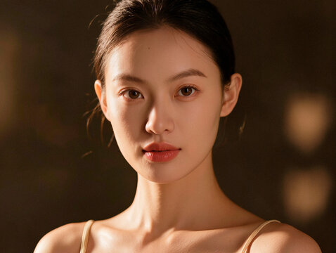 Portrait of a Young Woman with Natural Beauty in Warm Tone. AI generated