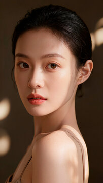 Portrait of a Young Woman with Natural Beauty in Warm Tone. AI generated