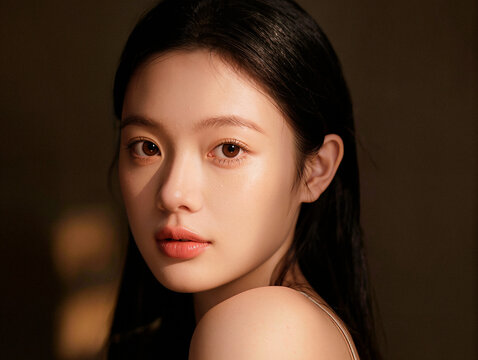 Portrait of a Young Woman with Natural Beauty in Warm Tone. AI generated