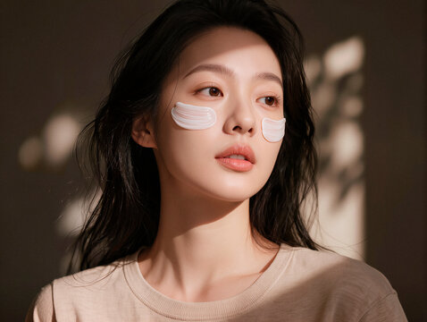 Young Woman Applying Skincare Cream on Her Cheek. AI generated