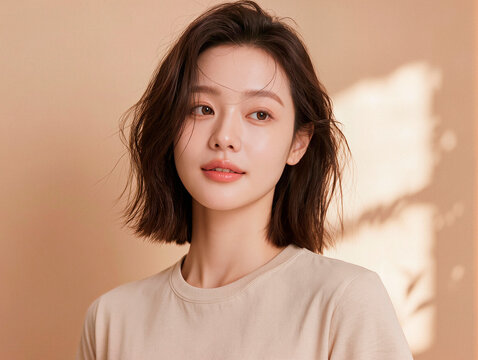 Portrait of a Young Woman with Natural Beauty in Warm Tone. AI generated