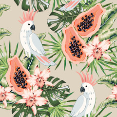 Tropical cockatoo parrots, papaya, orchid flowers, palm leaves, beige background. Seamless pattern. Vector illustration. Exotic plants, birds, fruits. Summer beach design. Paradise nature © ojardin