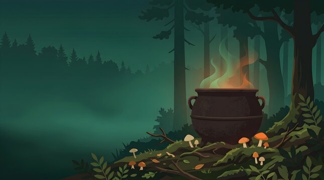 Halloween background banner with a bubbling witch cauldron in a dark misty forest
