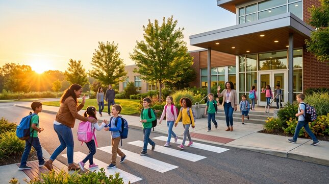 Diverse Group of Elementary Students Arriving at School Entrance during Sunny Morning