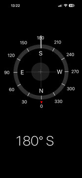 A compass on a smartphone indicates South with '180 degrees' showing on the screen. White lettering on black background.