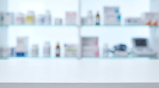 Empty white counter with blurred pharmacy shelves background
