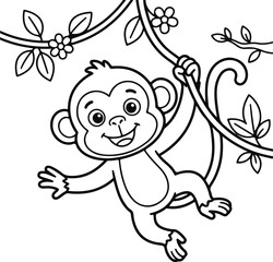 Fototapeta premium Cute cartoon monkey hanging on a vine