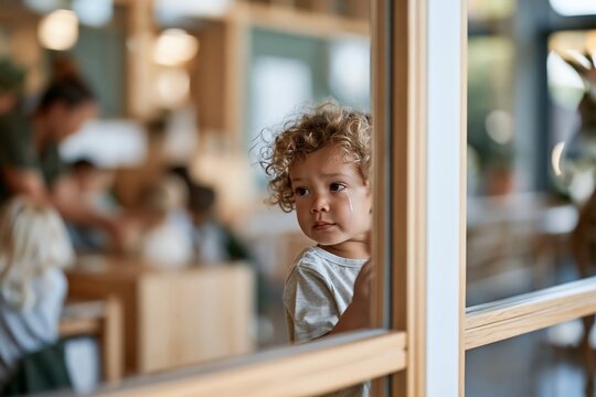 Lonely toddler standing by a daycare classroom door with tears on the face while other children and teacher remain in the background, representing preschool adaptation and childcare shortage