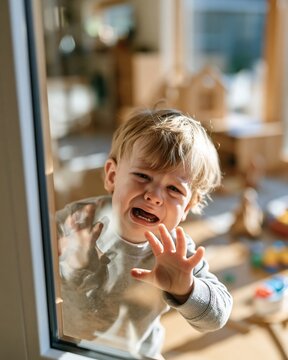 Upset toddler crying behind a glass door in a daycare center during separation from parents, representing childcare adjustment, emotional stress and preschool admission