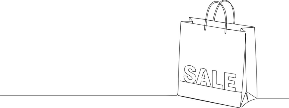 continuous line drawing of paper shopping bag with word SALE, shopping and retail marketing concept, line art vector illustration
