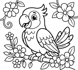 Fototapeta premium Cute cartoon parrot sitting on a flowering branch, coloring page for kids