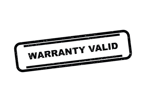 Black ink stamp seal with the words warranty valid inside a rectangular frame isolated on transparent background