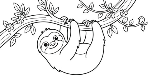 Fototapeta premium Cute sloth hanging on a flowering tree branch, line art illustration for coloring book