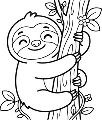 Obraz premium Cute cartoon sloth hugging a tree trunk, coloring page for kids