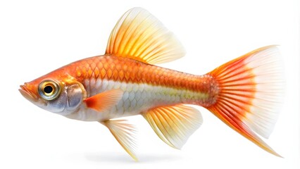 Fototapeta premium Freshwater aquarium swordtail fish swimming gracefully. Vibrant orange and red tropical livebearer species for home tanks.