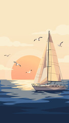 Fototapeta premium Sailing boat in the ocean at sunset flat vector illustration. Yacht traveling on sea waves with seagulls and big sun on background.