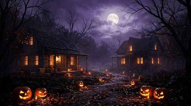 Spooky halloween scene with glowing jackolanterns in front of rustic wooden houses under a full moon in a foggy, dark forest at night