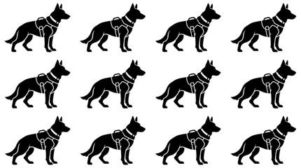 Obraz premium Working German Shepherd dog silhouette icons in various poses.