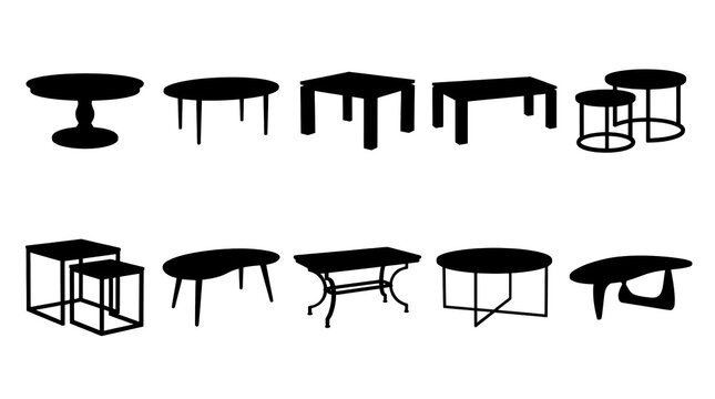 Coffee table silhouettes set vector illustration with modern and classic table designs